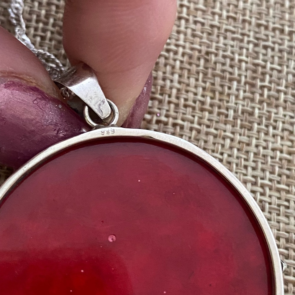 Sterling Silver Red Stone Moon Face Pendant Necklace - Picture 3 of 4